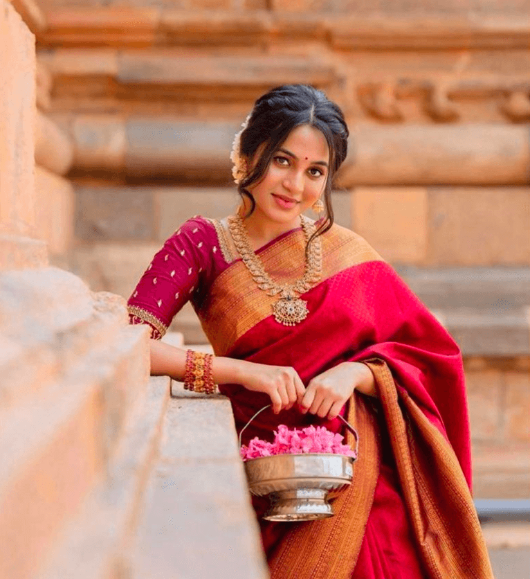 Soft Lichi Silk Saree - Red Velvet Glow
